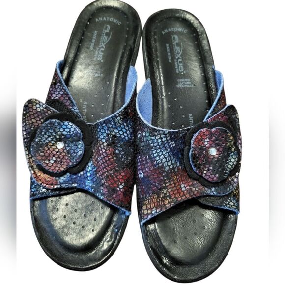 Flexus Italian Comfort By Spring Step Leather Sandals Black Red Floral, 8.5 - Picture 2 of 8